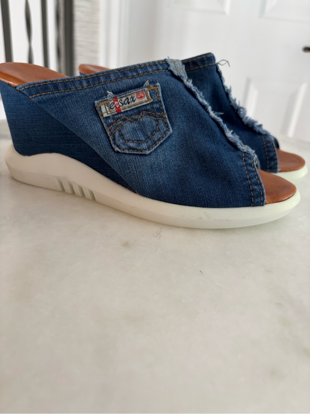 Denim Open-Toe Wedge Mules - Blue